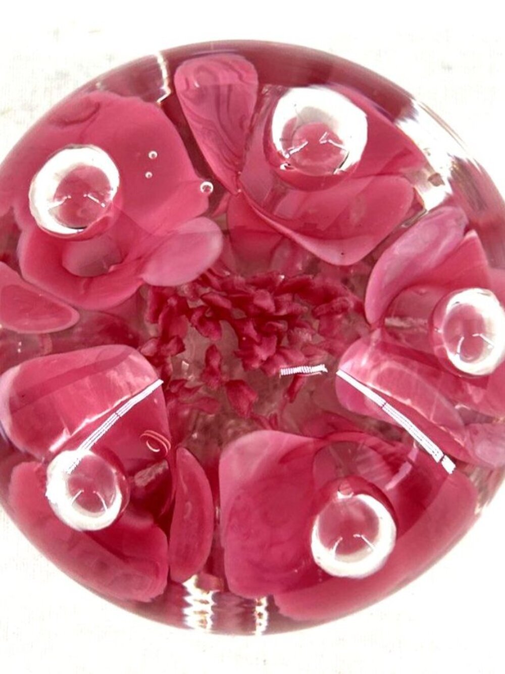 Joe St Clair 1979 Glass Paperweight 2.75" Pink Clear Floral Bubbles